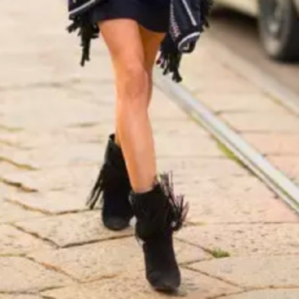 Giuseppe Zanotti women Vero Cugio black suede fringe peep toe bootie EU 38 US 8